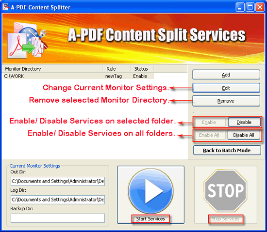 a-pdf content splitter hot start stop